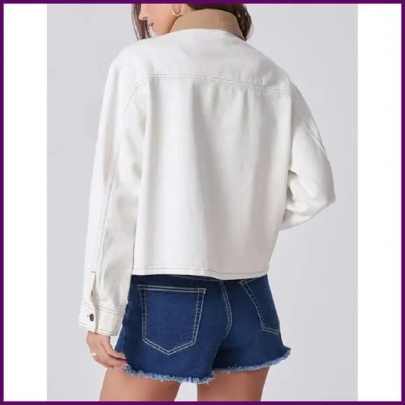 Oversized Denim Jacket with Corduroy Collar Loose Fit Shacket